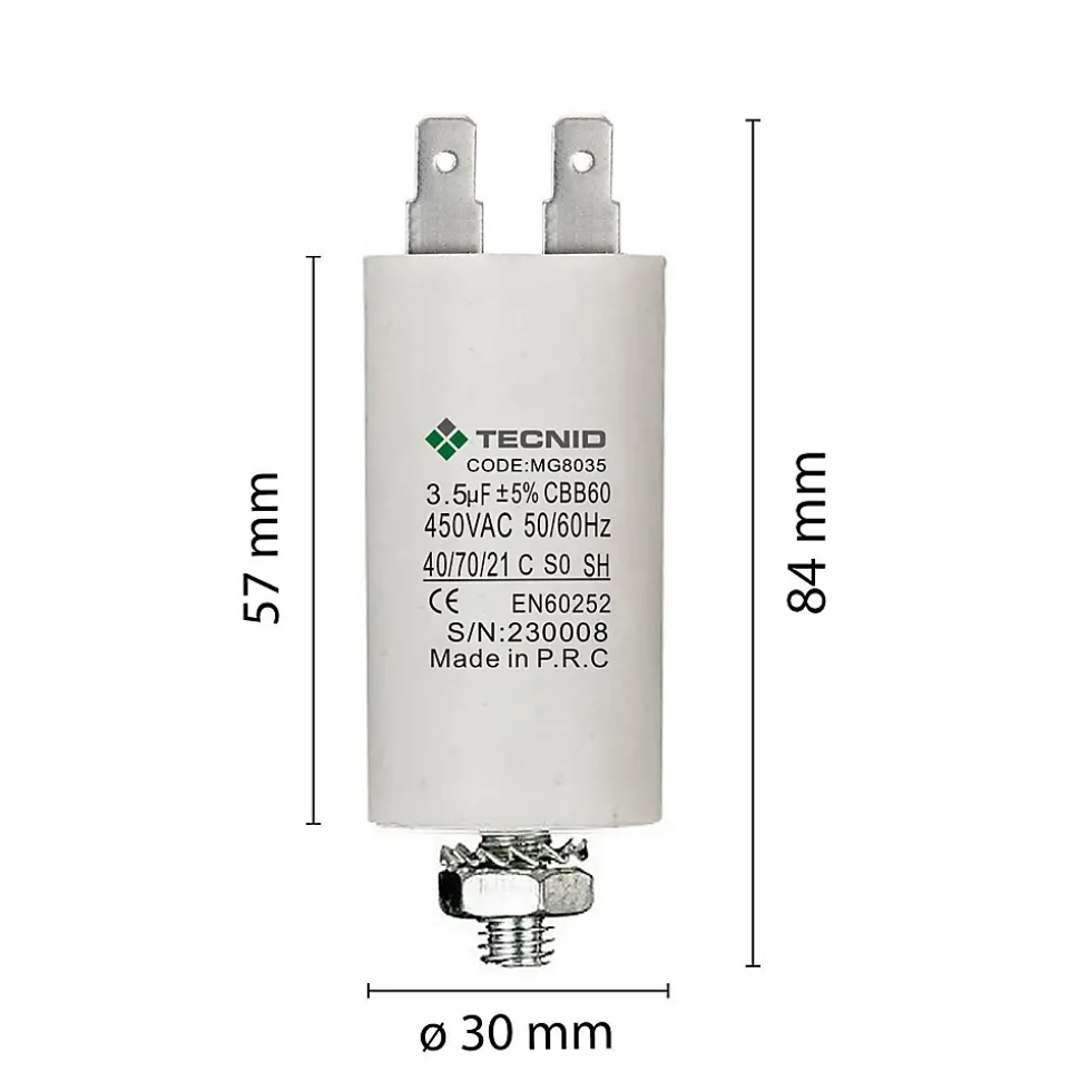 Condensateur de démarrage pour moteurs électriques, 450V, capacité : 3,5 microfarad, 4 broches / M8