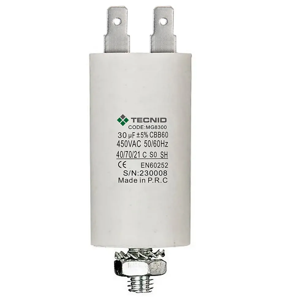 Condensateur de démarrage pour moteurs électriques, 450V, capacité : 30 microfarad, 4 broches / M8