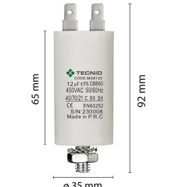 Condensateur de démarrage pour moteurs électriques, 450V, capacité : 12 microfarad, 4 broches / M8