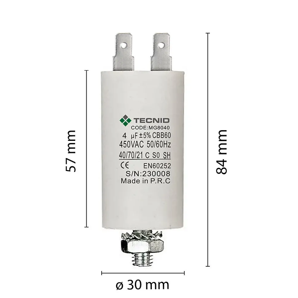 Condensateur de démarrage pour moteurs électriques, 450V, capacité : 4 microfarad, 4 broches / M8