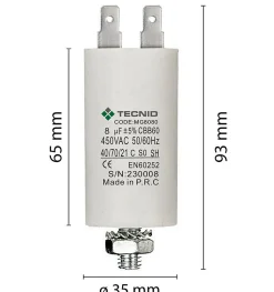Condensateur de démarrage pour moteurs électriques, 450V, capacité : 8 microfarad, 4 broches / M8