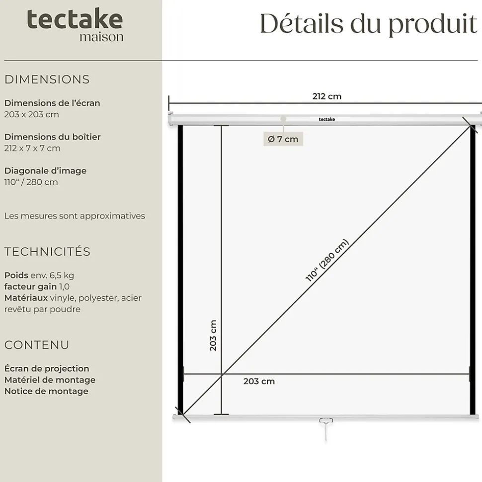Écran de projection extensible mural en polyester blanc