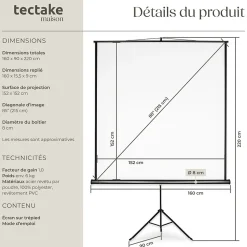 Écran de projection extensible avec un trépied en polyester blanc