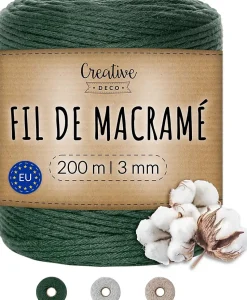 Creative Deco 3mm x 200m Corde Macramé Fil de Coton Vert Foncé - +/- 0,5 mm Épaisseur - Ficelle de 30 Plis - Cordelette Naturel