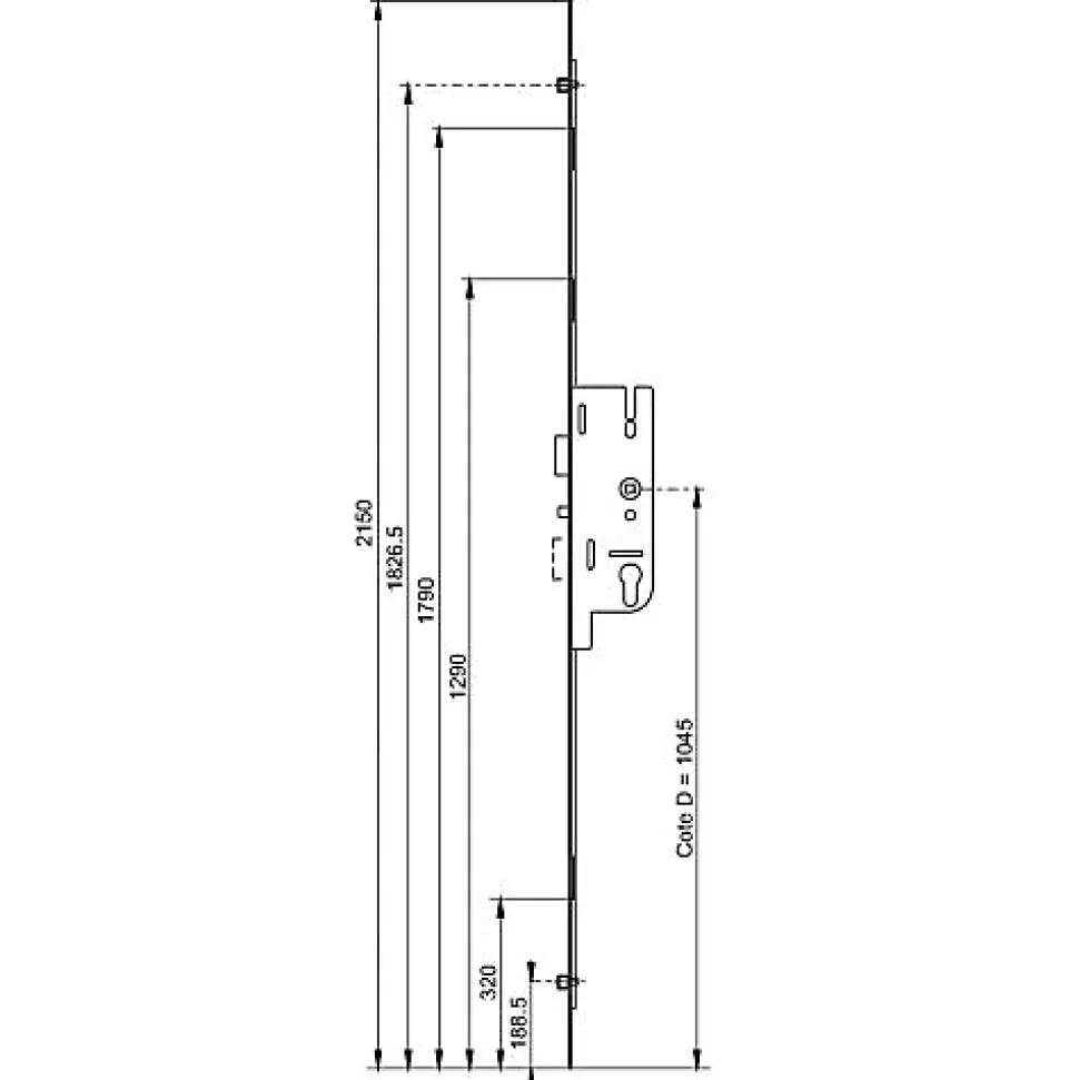 Crémone FERCOMATIC 50/70 2 galets têtière 18mm carré 7mm L 2150mm cote D 1045mm - FERCO - 6-33164-12-0-1