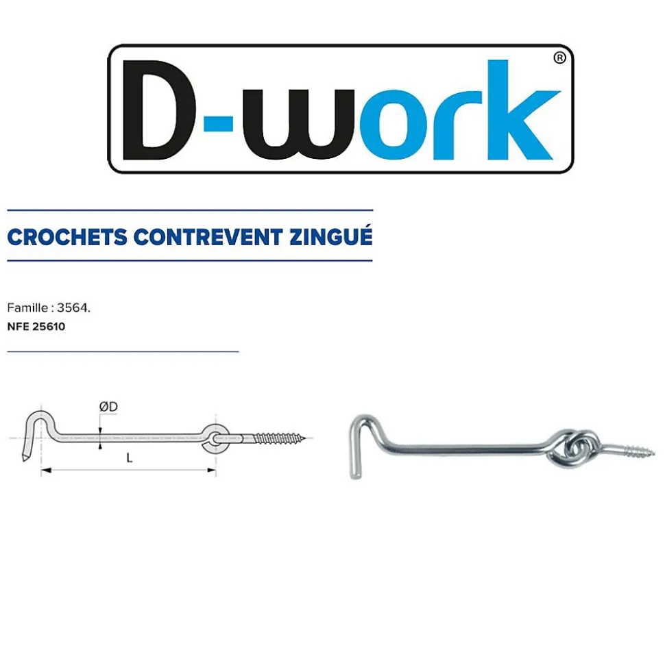 25 Crochets Contrevent 5 x 120 mm - NFE 25610 - Zingué blanc - D-Work