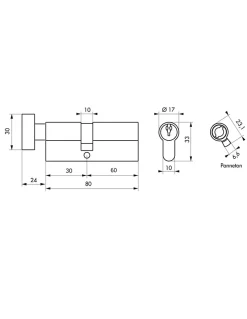 Cylindre de serrure à bouton, 30Bx60mm, anti-arrachement, laiton, 3 clés - THIRARD