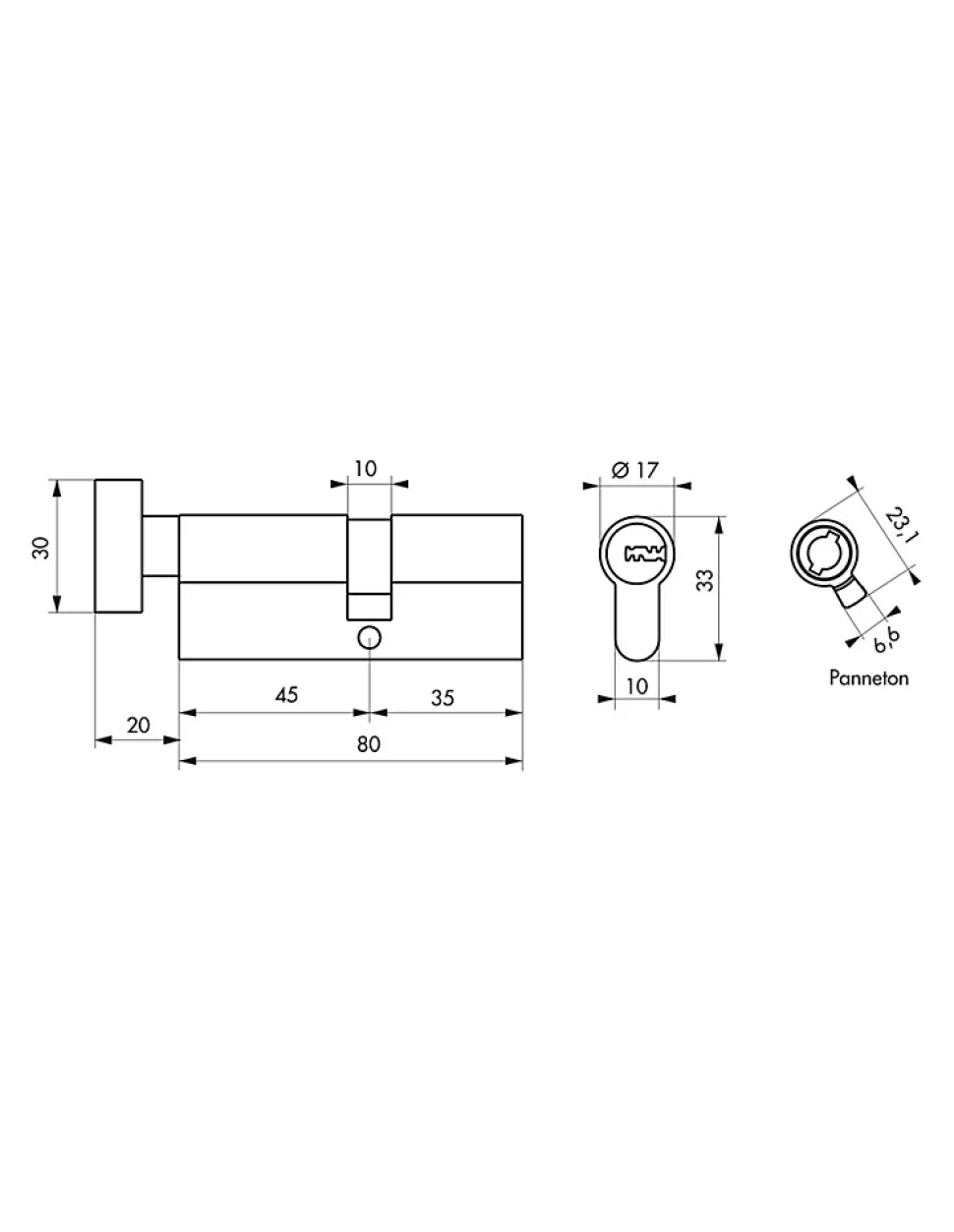 Cylindre de serrure à bouton 5G 45B x 35mm, laiton, anti-arrachement, 5 clés - SP