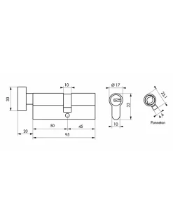 Cylindre de serrure à bouton 5G, 50Bx45mm, laiton, anti-arrachement, 5 clés - SP