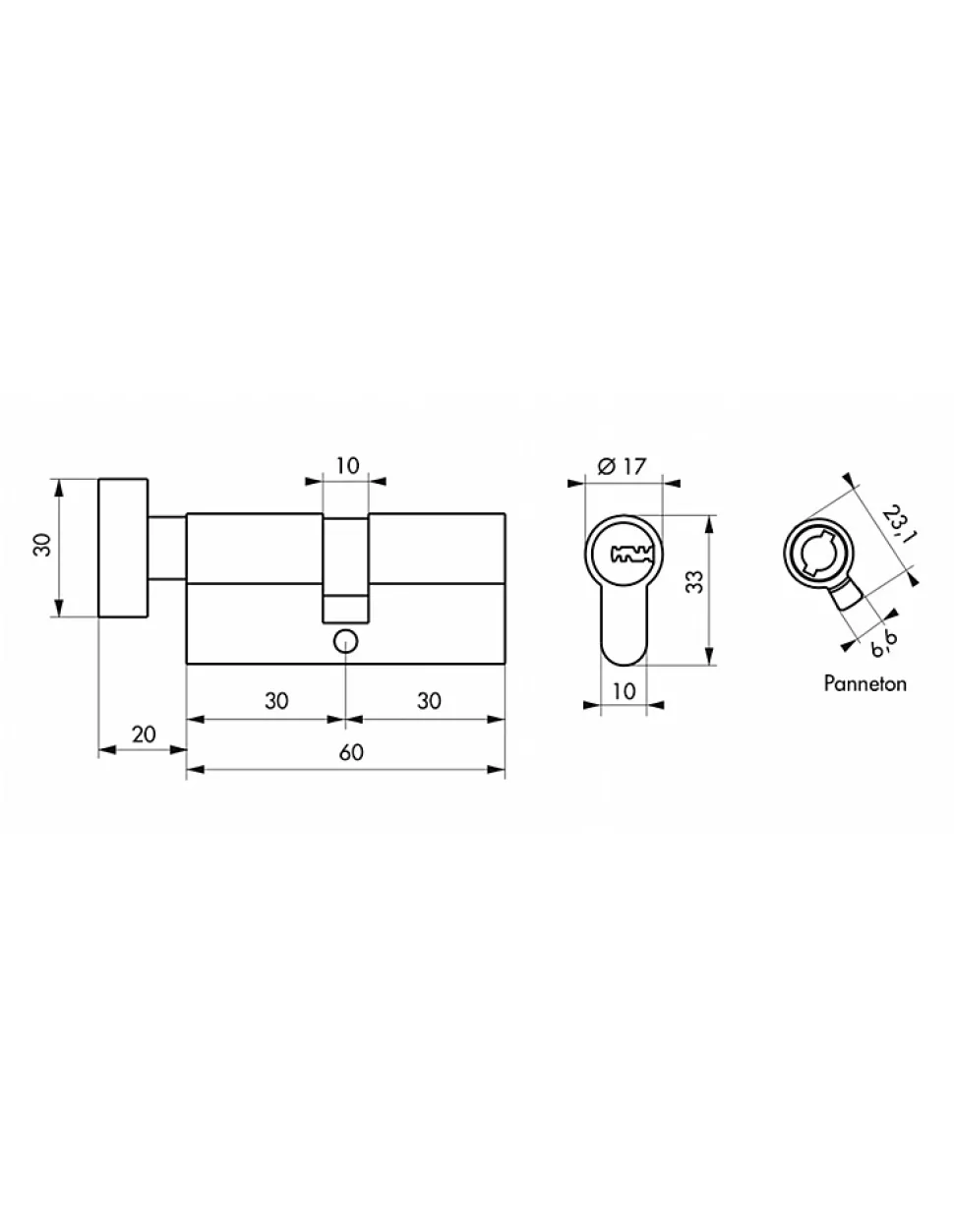 Cylindre de serrure à bouton T2, 30Bx40mm, nickel, anti-arrachement, anti-perçage, anti-crochetage, 5 clés - THIRARD