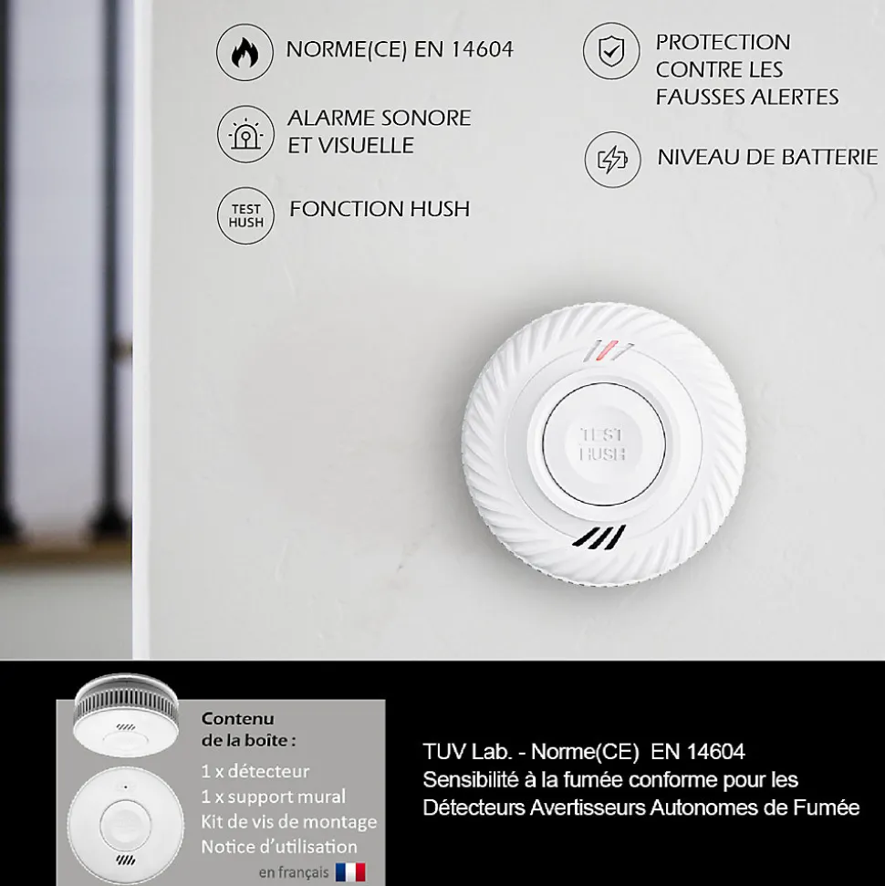 Détecteur de fumée connecté WIFI - CE EN14604 - Pile 10 ans scellée et Kit de fixation magnétique