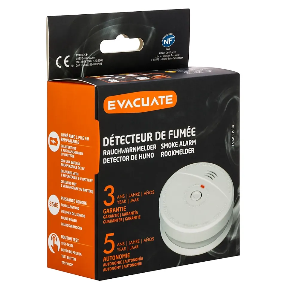 Détecteur de fumée optique Evacuate EVA033534 normes EN 14604 : 2005+ AC 2008 et NF DAAF fonctionne avec 1 pile 9V (6LR61)