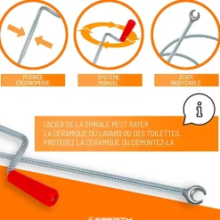 EBERTH Spirale de nettoyage de tuyaux 5m de long et 9mm de diamètre pour tuyaux à partir de 40mm tête en forme de griffe de 20mm