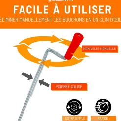 EBERTH Spirale de nettoyage de tuyaux 5m de long et 9mm de diamètre pour tuyaux à partir de 40mm tête en forme de griffe de 20mm