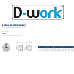 50 Ecrous Borgnes M20 mm - DIN 1587 - Zingué blanc - D-Work