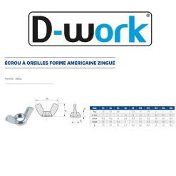 200 Ecrous à Oreilles Forme Américaine M6 mm - Zingué blanc - D-Work