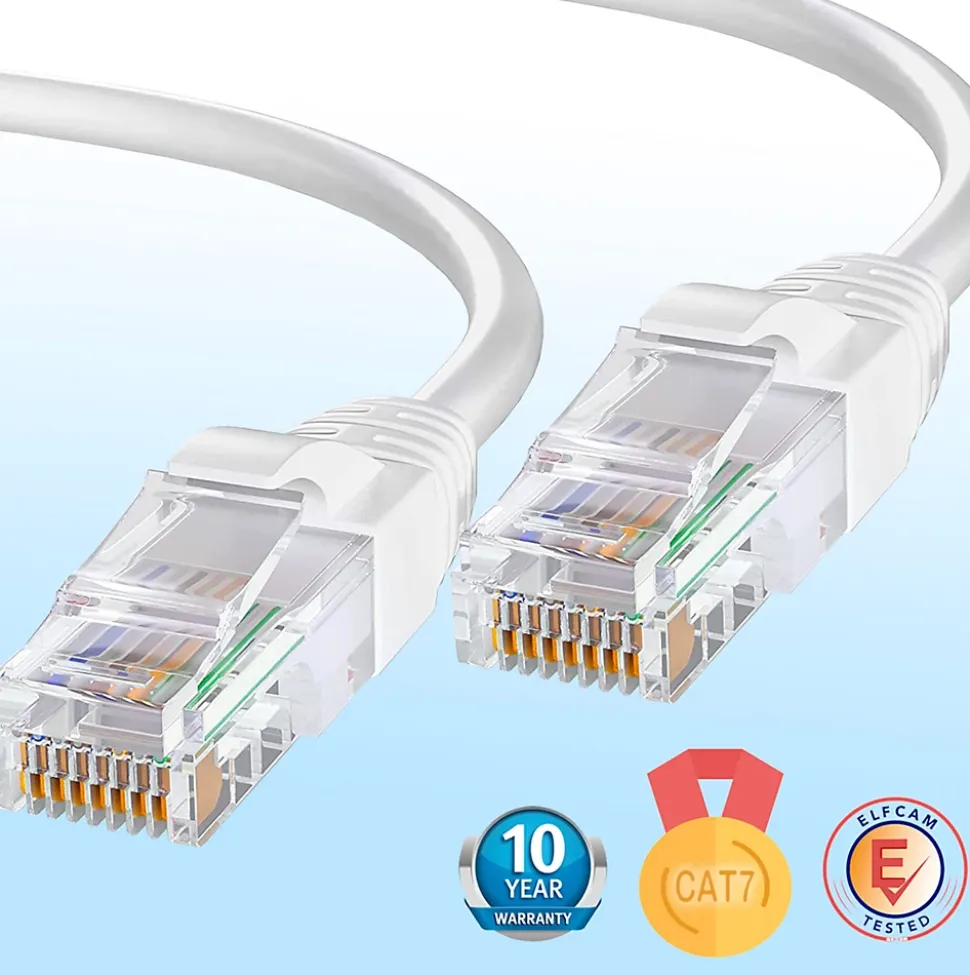Elfcam - Câble Ethernet RJ45 Cat 7 SFTP 20m (Rond Blanc), 10Gbps, 600MHz, Cuivre, Anti-Interférences