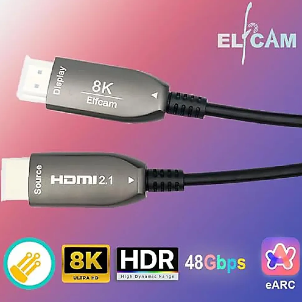 Elfcam - Câble HDMI 8K Fibre Optique 25m (Noir) - 48Gbps, HDMI 2.1, 8K 60Hz, 4K 120Hz, HDR10,eARC, PS5, Xbox, TV