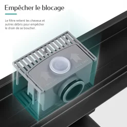 EMKE Caniveau de Douche 70 cm, Acier Inoxydable, Siphon de Sol 2 en 1 avec Filtre à Cheveux, Finition Noire