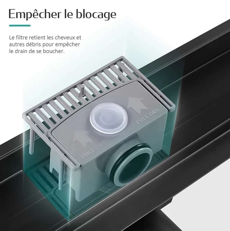 EMKE Caniveau de Douche 70 cm, Acier Inoxydable, Siphon de Sol 2 en 1 avec Filtre à Cheveux, Finition Noire