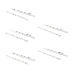 Emuca Lot de 5 jeux de coulisses a roulettes pour tiroir T30, drop lock, longueur 550mm, sortie partielle, Acier, Blanc