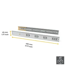 Emuca Lot de 5 jeux de coulisses pour tiroirs, roulement à billes, hauteur 45mm, profondeur 350mm, à sortie totale, avec push,