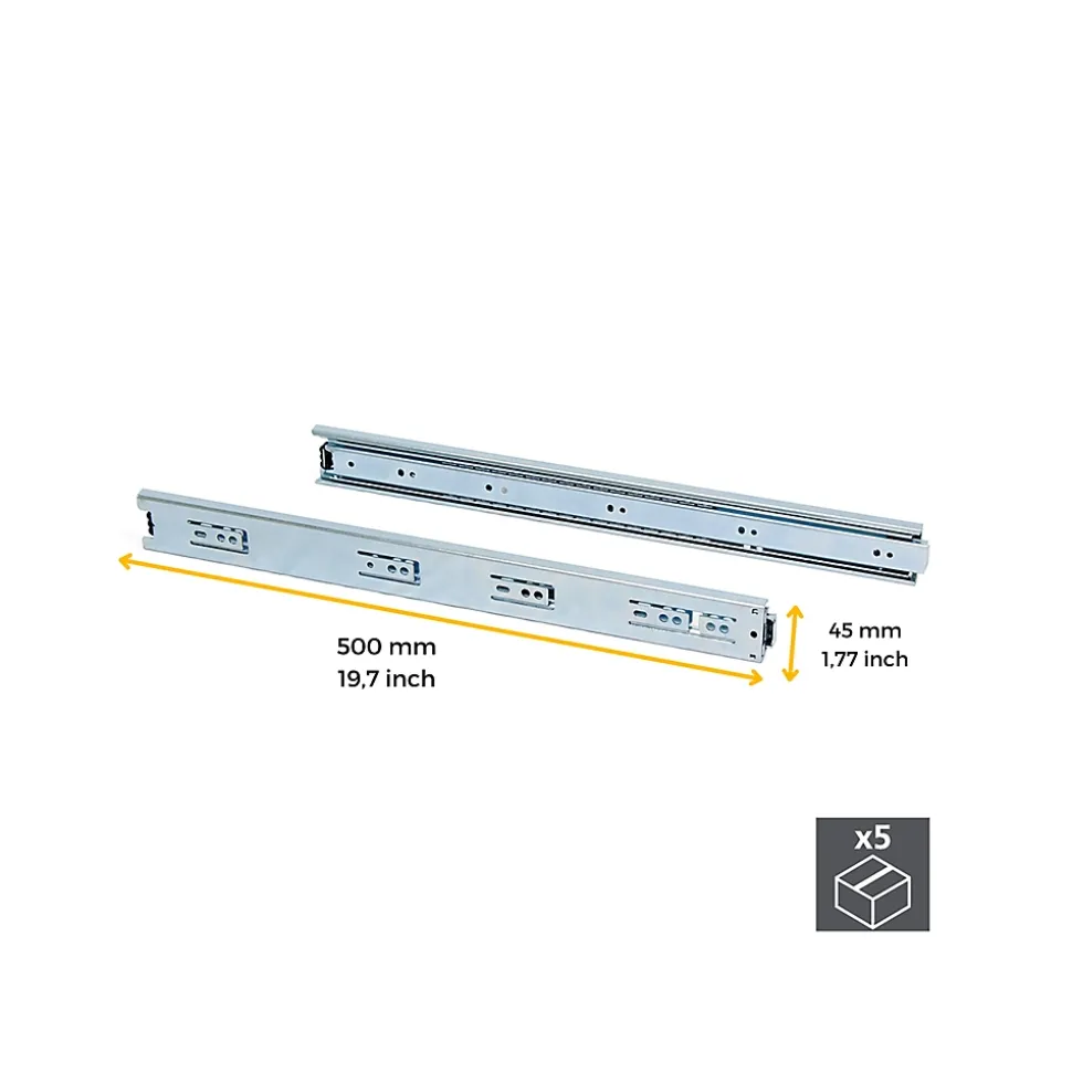 Emuca Lot de 5 jeux de glissières de tiroirs, roulement à billes, hauteur 45mm, profondeur 500mm, sortie totale, zingué