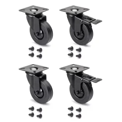 Emuca Lot de 4 roulettes Black avec plétine de montage, diamètre 75mm, Plastique et Acier, Noir