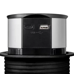 Emuca Multiconnecteur Vertikal Push diamètre 100mm, 3 prises de type Schuko, 1 USB type A, 1 USB type C, Acier et Plastique, Peint