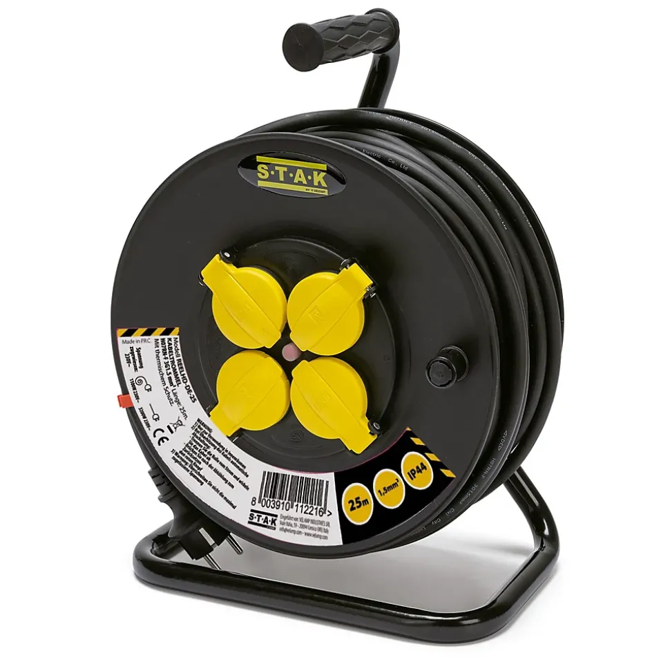 Enrouleur de câble électrique professionnel, 4 prises et fiche Schuko, H07RN-F3G1.5MM2, 25M , GS (TUV), IP44.