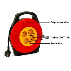 Enrouleur électrique domestique 10m, H05VV-F3G1.0MM2, 4 prises françaises 2P+T 16A, NF, CE