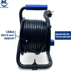 Enrouleur 50M 3G1.5 IP20 avec 4 Prises à Clapet, Robuste et Idéal pour Usage Intensif en Intérieur