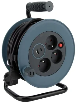 Enrouleur 12m 3 prises + 2USB - gris - Zenitech