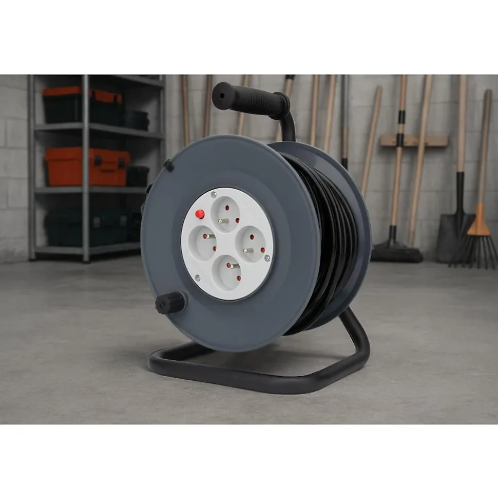 Enrouleur 4 prises 25m + coupe-circuit + support Zenitech