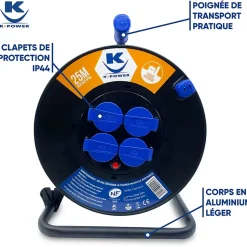 Enrouleur Pro 25M 3G2.5 IP44 avec 4 Prises à Clapet pour Usage Intensif en Intérieur & Extérieur