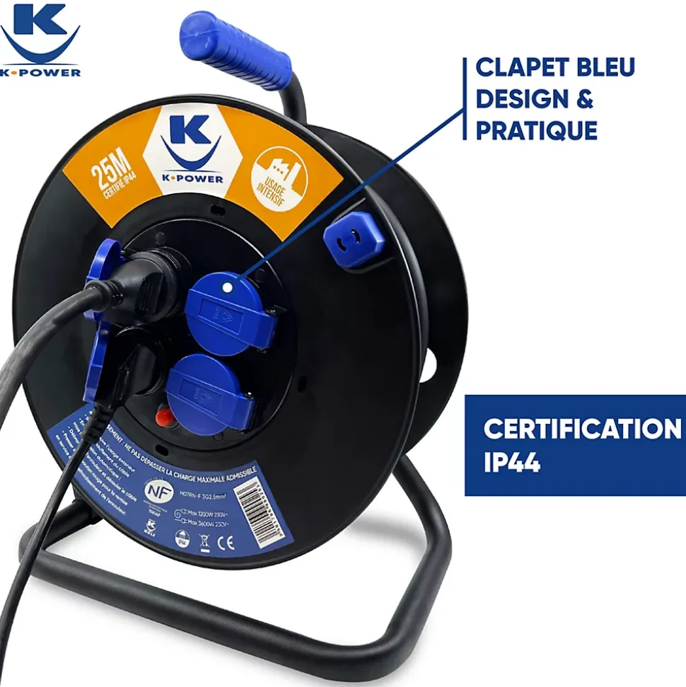 Enrouleur Pro 40M 3G2.5 IP44 avec 4 Prises à Clapet pour Usage Intensif en Intérieur & Extérieur