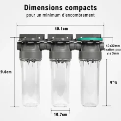 Filtre à eau triple 9' 3/4 + Pack protection complète filtration sous évier connexion 3/4'