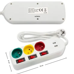FISHTEC - Multiprise Trio Color - 3 prises avec interrupteurs + 2 ports USB - Câble 1,8 m - 3680W - ABS robuste