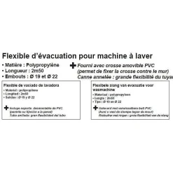 Flexible d'évacuation pour machine a laver - ROUSSEAU - 2.50 m - Embouts O19 mm et O22 mm