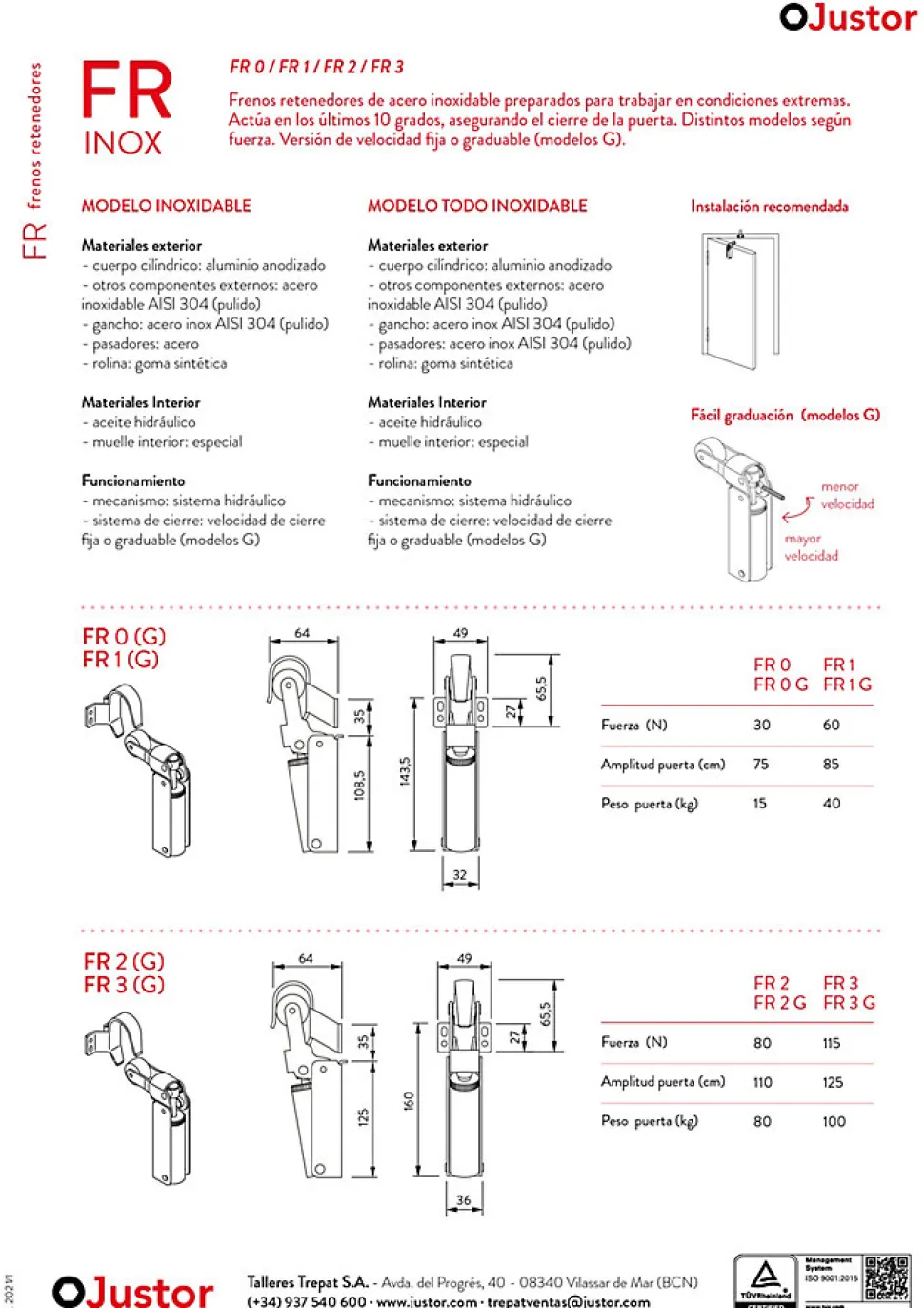 Frein rétention Réglable force 80 a 115 N, totalement en acier inox 304, pour porte jusquà 100 KG.