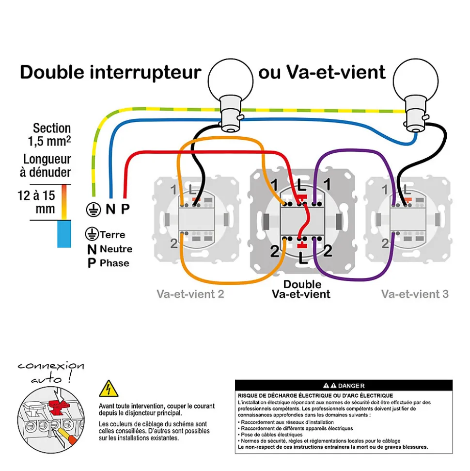 Interrupteur double va-et-vient connexion rapide à vis Schneider Electric Odace anthracite