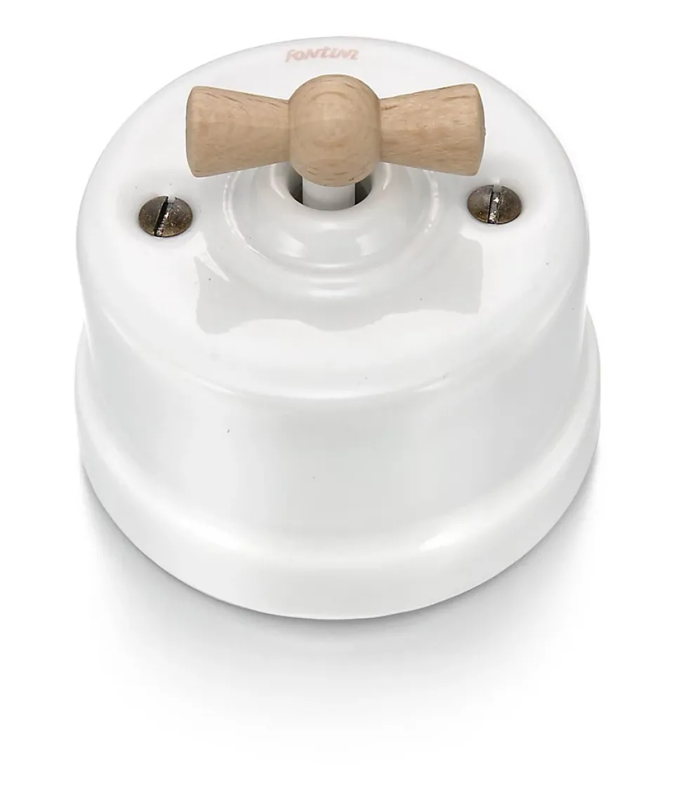 Interrupteur va-et-vient Fontini Garby Porcelaine blanche, manette hêtre naturel
