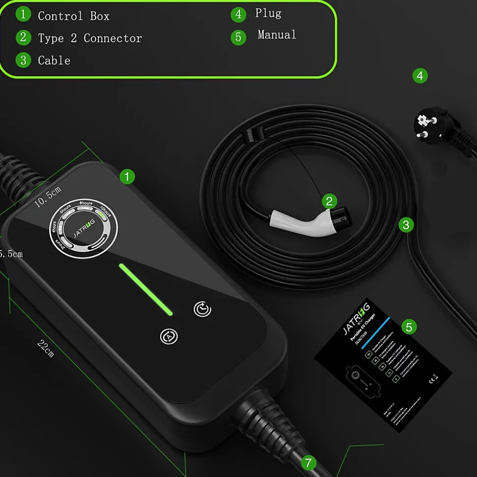 JATRHG P1 chargeur portable réglable de 3,6kW à 1,5kW / 16A à 8A monophasé, 15m, type 2, pour véhicules électriques