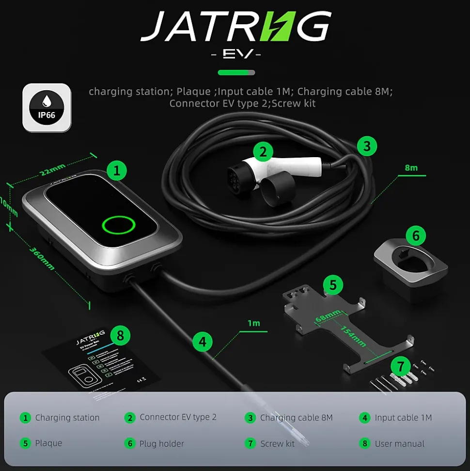 JATRHG S1 borne de recharge IP66 pour véhicules électriques, 22 kW / 32 A, triphasé, avec câble type 2 de 8 m