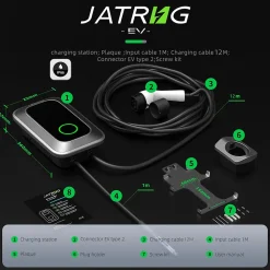 JATRHG S1 borne de recharge IP66 pour véhicules électriques, 11 kW / 16 A, triphasé, avec câble type 2 de 12 m