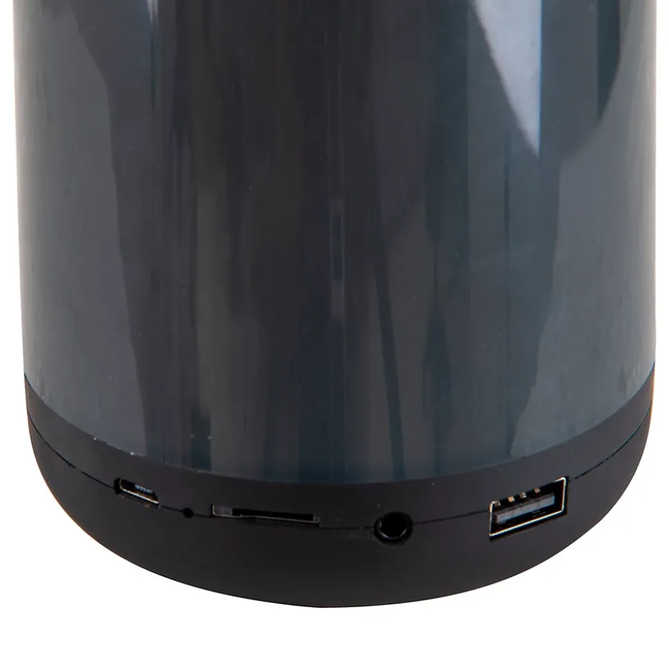 Lampe de table LED avec haut-parleur BT 'FESTA' pour l'extérieur en plastique noir avec LED intégrées, hauteur 18 cm