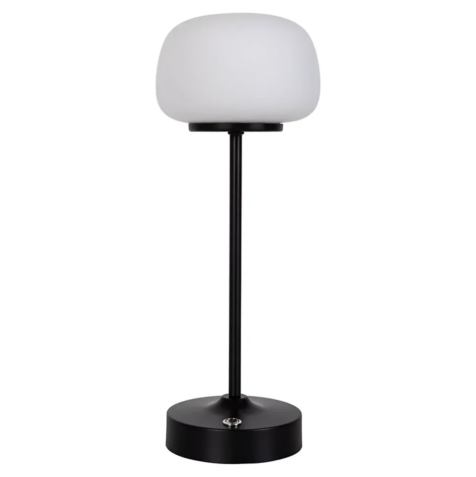Lampe LED à accu/de table 'PINA' 30 cm de haut, en métal (noir) et verre (blanc), LEDs intégrés, blanc chaud