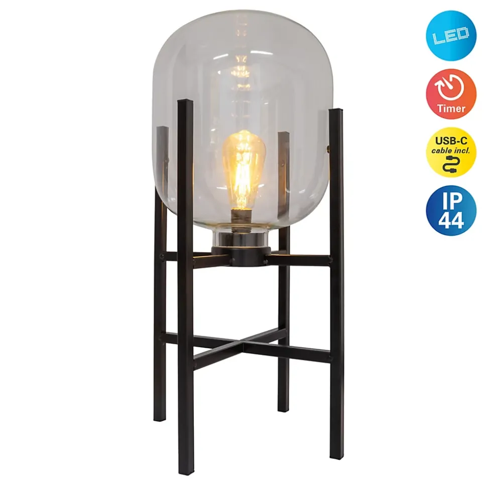 Lampe LED sur socle 'LORA' hauteur 58 cm, en métal et verre, en métal noir et verre clair, pour l'intérieur et l'extérieur