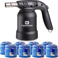 Lampe à souder à gaz Professionnelle Utilisation 360 degrés Chalumeau gaz Allumage piezo + 8 Cartouches gaz Perçables KEMPER