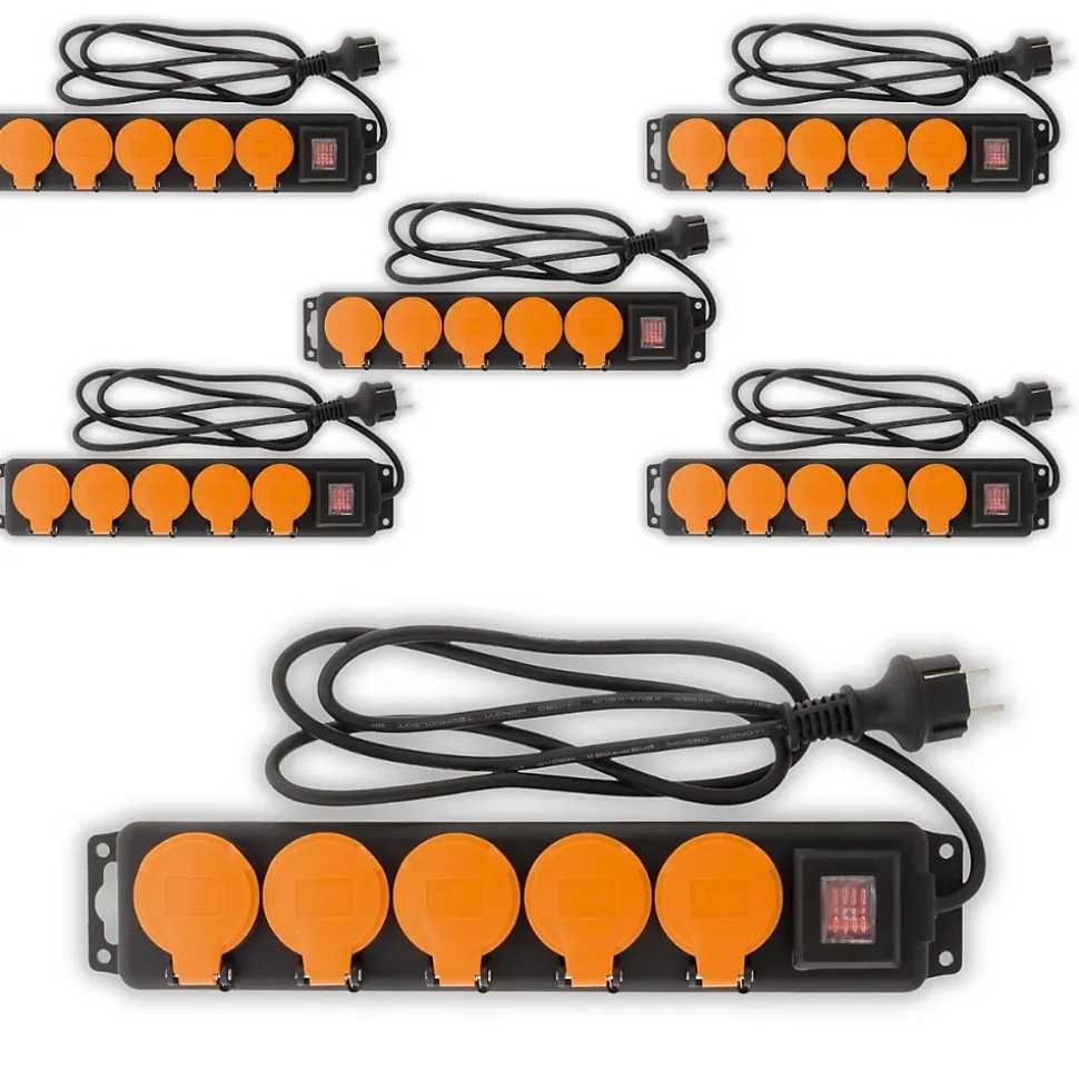 Lot de 6 - Bloc étanche IP44 5 prises 16A 2P+T avec clapets et interrupteur - Câble HO5RRF 3G1mm² de 1,5m - Zenitech